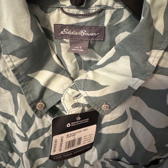 Men polo shirt green leaves design brand Eddie Bauer size large button down - Picture 3 of 5